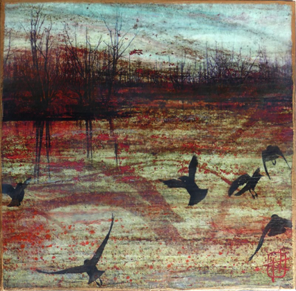 Crows at Fir Island, red tones Crows at Fir Island, red tones